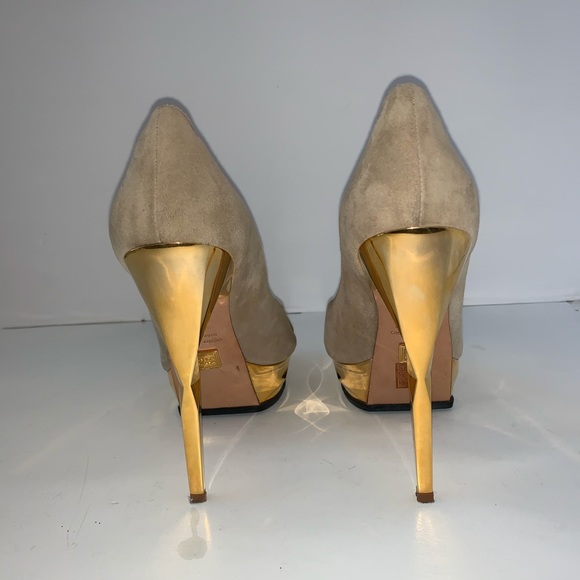Herve Leger KELLIA Nude Lamb Suede Gold Prism Heel - Picture 9 of 12